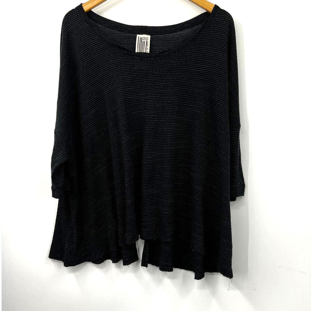 Free People We The Free Black‎ Thermal Waffle Knit Split Back Top Size M/L